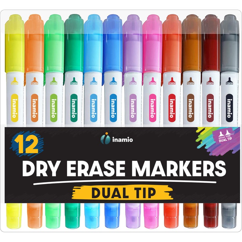 inamio Dry Erase Markers for Whiteboard â€“ Ultra Fine Tip White Board Markers â€“ Dual Tip, Pastel Colors - Fine Point Erasable Markers - 12 Set - Image 1